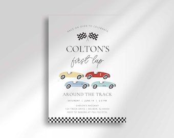 1st Lap Around the Track, Vintage Race Car First Birthday Invitation (Digital)