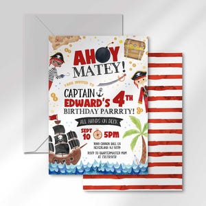 Modelo editável de convite para festa de aniversário de pirata Ahoy Matey, mapa do tesouro de navio pirata, para impressão