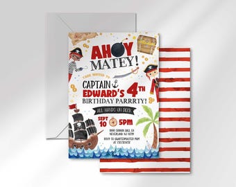 Ahoy Matey Pirate Birthday Party Invitation Editable Template, Pirate Ship Treasure Map, Printable