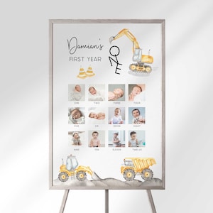 Peut inclure: Un collage de photos du premier anniversaire sur le thème des engins de chantier jaunes avec 12 photos d'un bébé garçon. Le titre indique "Damian's First Year One".