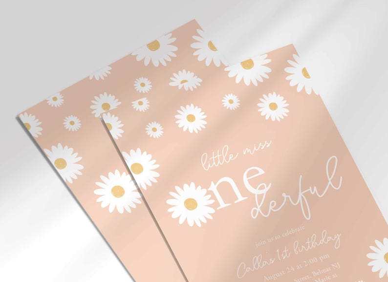 Close-up angled shot of the 'Little Miss ONEderful' daisy-themed invitation for Callie's 1st birthday in blush pink, showing the print quality and daisy pattern detail.