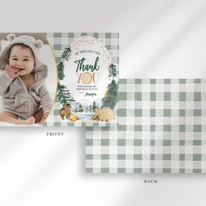 Front and back view of the card: the front shows the baby's photo mockup beside the camping-themed thank you message, and the back shows a sage green plaid pattern.