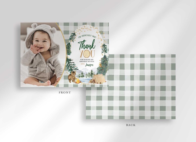 Front and back view of the card: the front shows the baby's photo mockup beside the camping-themed thank you message, and the back shows a sage green plaid pattern.