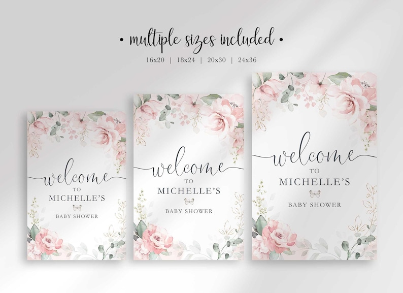 "Multiple sizes included" graphic showing three progressively larger prints of the same sign design side by side, listing available sizes 16x20, 18x24, 20x30, and 24x36.