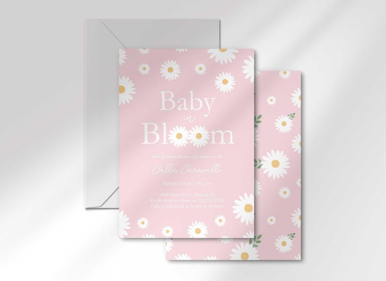 The 'Baby in Bloom' invitation for Calla Caravelli layered in front of its matching envelope and a second card showing the daisy pattern back design.