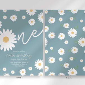 Front and back view of the invitation: the front shows the slate blue daisy design with party details, and the back shows a matching repeating daisy pattern.
