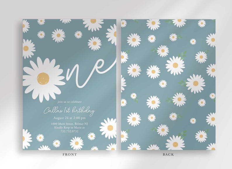 Front and back view of the invitation: the front shows the slate blue daisy design with party details, and the back shows a matching repeating daisy pattern.