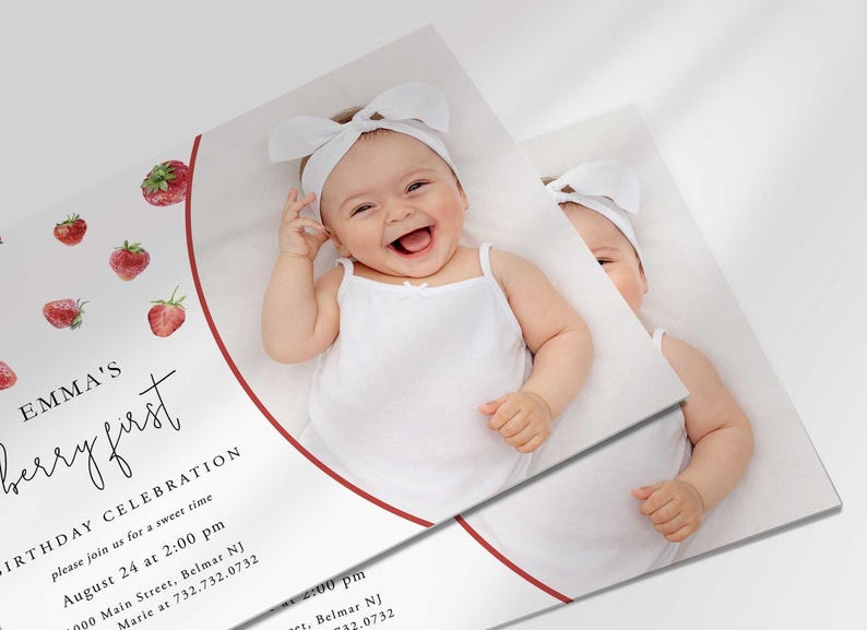 modern strawberry first birthday invitation