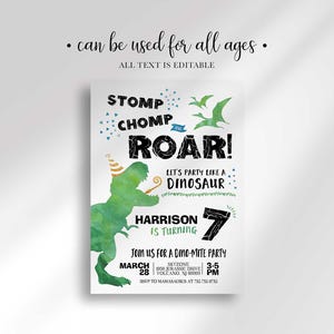 An explainer graphic reading 'can be used for all ages, all text is editable' with an example of the dinosaur-themed invitation customized for Harrison turning 7.