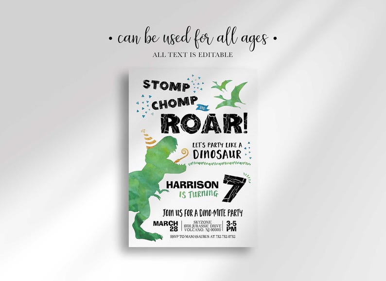 An explainer graphic reading 'can be used for all ages, all text is editable' with an example of the dinosaur-themed invitation customized for Harrison turning 7.