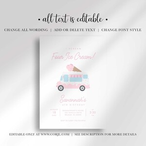 An explainer graphic showing that all text on Savannah's 'I Scream, Four Ice Cream!' 4th birthday invitation is editable, including changing wording, adding or deleting text, and changing the font style.