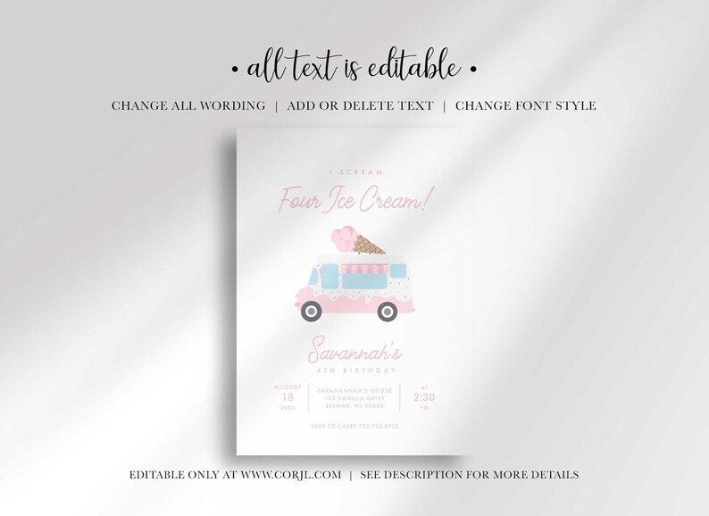 An explainer graphic showing that all text on Savannah's 'I Scream, Four Ice Cream!' 4th birthday invitation is editable, including changing wording, adding or deleting text, and changing the font style.