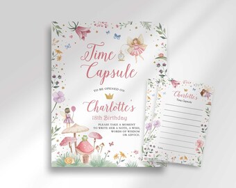 Tijdcapsule-bordkaarten betoverde bosfee: bewerkbare verjaardag, babyshower (digitale download)
