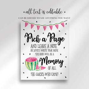 A memory book sign featuring text about leaving a note, decorated with a watermelon banner bunting and watermelon slices.