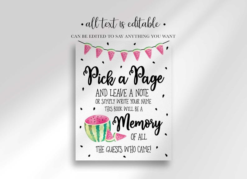 A memory book sign featuring text about leaving a note, decorated with a watermelon banner bunting and watermelon slices.