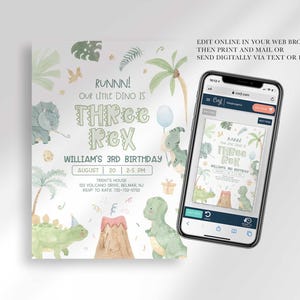 An explainer graphic reading "edit online in your web browser, then print and mail or send digitally via text or email" with William's invitation shown on a smartphone screen.