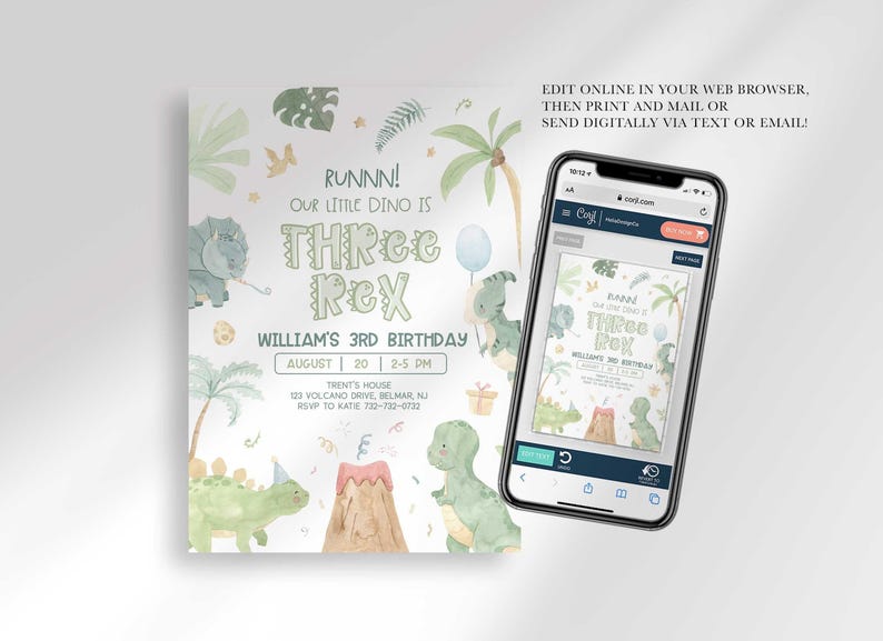 An explainer graphic reading "edit online in your web browser, then print and mail or send digitally via text or email" with William's invitation shown on a smartphone screen.