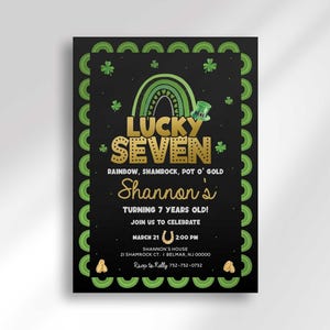 Black, green, and gold "Lucky Seven" St. Patrick's Day-themed birthday invitation with a rainbow, shamrock, and pot of gold graphic, sample text for "Shannon's Turning 7 Years Old" party with date, time, and address details.