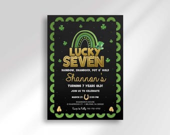Lucky Seven Birthday Invitation, Editable St. Patricks Theme Digital 7th
