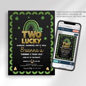 Two Lucky birthday invitation shown next to a smartphone mockup of the online editor, illustrating how to edit in a web browser and share by print, text, or email.