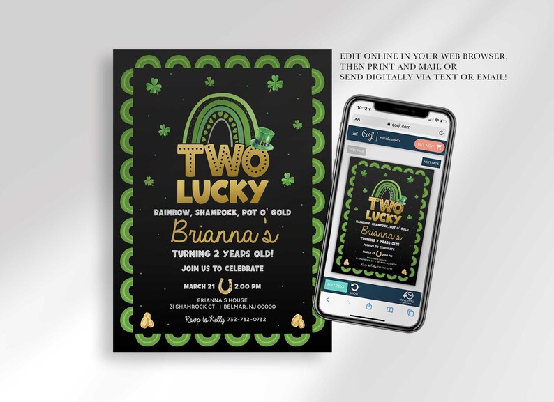 Two Lucky birthday invitation shown next to a smartphone mockup of the online editor, illustrating how to edit in a web browser and share by print, text, or email.