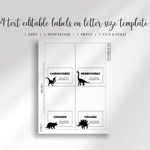 A letter-sized printable template displays four dinosaur food labels featuring Carnivores, Herbivores, Chicken, and Veggies with matching dinosaur silhouettes.