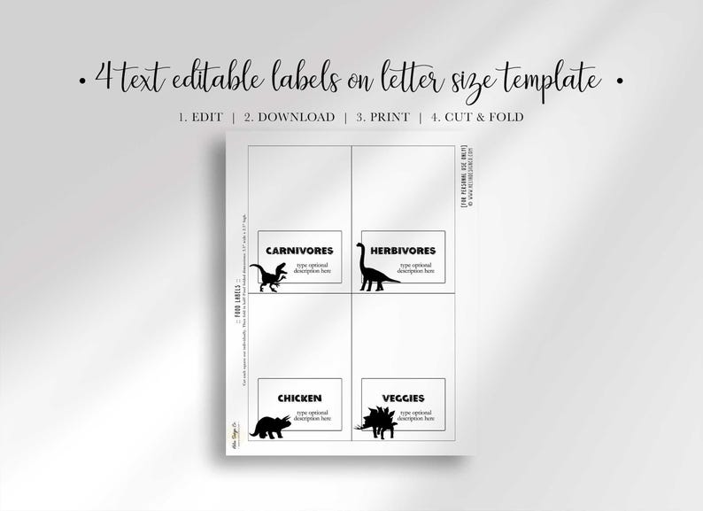 A letter-sized printable template displays four dinosaur food labels featuring Carnivores, Herbivores, Chicken, and Veggies with matching dinosaur silhouettes.