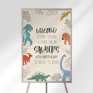 Plantilla editable de cartel de bienvenida de cumpleaños con temática de dinosaurios, póster decorativo para fiestas, imprimible de la era jurásica (descarga digital)