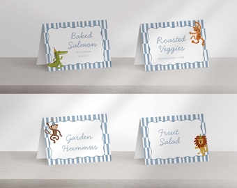 Calling all Party Animals Birthday Fold Over Labels: Editable Jungle Safari Table Tents Decor