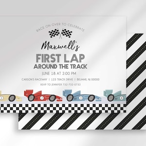 Race Car First Birthday Invitation Retro 1st Lap Boy Party Invite Template (Digital Download)