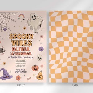 Front and back view of the invitation: the front shows the Halloween party details, and the back shows a wavy orange and cream checkerboard pattern.