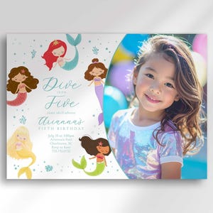 Mermaid Dive into Five Birthday Invitation Under the Sea 5th Shellabration Digital Party Printable Template