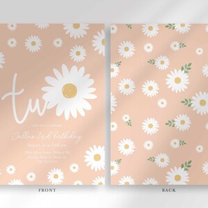 Front and back view of the invitation: the front shows the pink daisy design with party details, and the back shows a matching repeating daisy pattern.