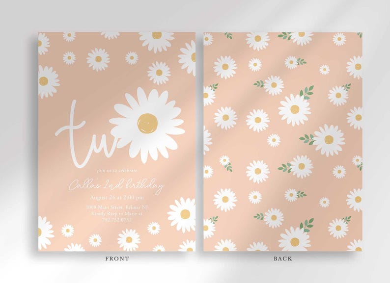 Front and back view of the invitation: the front shows the pink daisy design with party details, and the back shows a matching repeating daisy pattern.