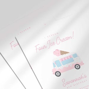 An angled close-up view of Savannah's 'I Scream, Four Ice Cream!' 4th birthday invitation with an illustrated pink ice cream truck.