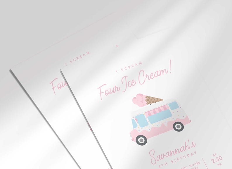 An angled close-up view of Savannah's 'I Scream, Four Ice Cream!' 4th birthday invitation with an illustrated pink ice cream truck.