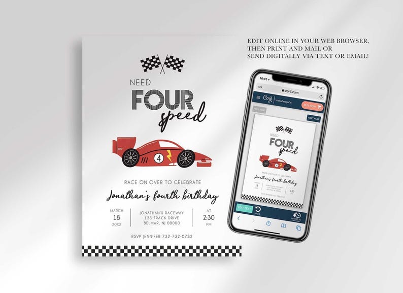 digital race car birthday invitation