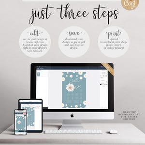 Corjl "Just Three Steps" explainer graphic: edit at Corjl.com from any device, save the design as a jpg or pdf, then upload to any local print shop, photo center, or online printer. Shown with a computer and phone mockup, noting desktop is recommended for easier editing.