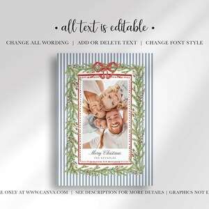 A Christmas greeting card mockup with text overlays indicating that all text is editable.