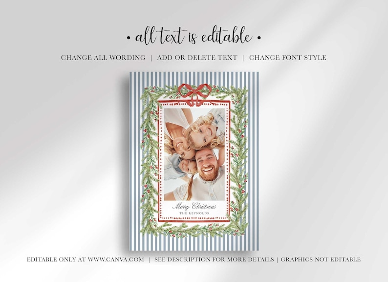 A Christmas greeting card mockup with text overlays indicating that all text is editable.