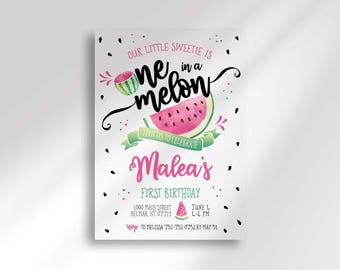 Watermelon First Birthday Invitation: Sweet One, Pink Girl (Digital Invite)