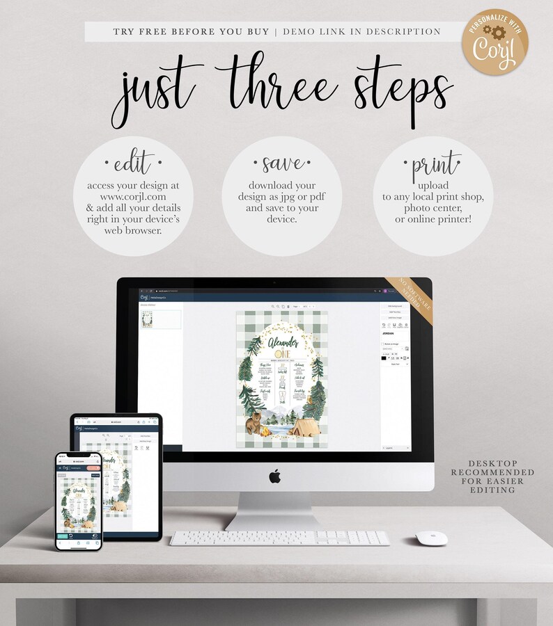 Just Three Steps graphic (edit at Corjl.com, save as jpg or pdf, print or upload to a print shop) with desktop, tablet, and phone mockups showing the Alexander is ONE sign open for editing.
