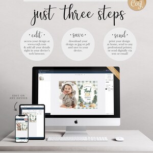 A Corjl explainer graphic titled "just three steps": edit your details online, save your design as a JPG or PDF, and send by printing at home, a professional printer, or digitally via text or email, shown on a desktop computer and mobile devices displaying Jameson's thank you card.