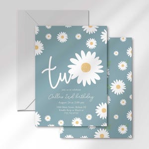 The 'TWO' invitation for Callie's 2nd birthday layered in front of its matching envelope and a second card showing the daisy pattern back design.