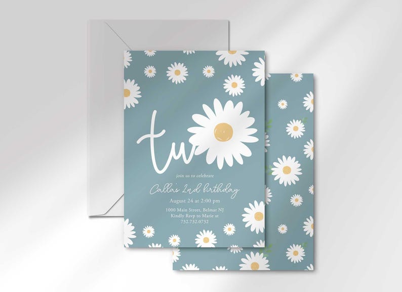 The 'TWO' invitation for Callie's 2nd birthday layered in front of its matching envelope and a second card showing the daisy pattern back design.