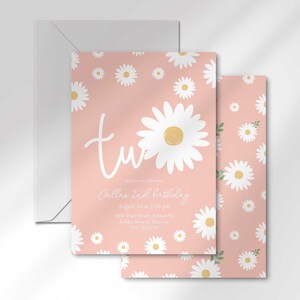 The 'TWO' invitation for Callie's 2nd birthday layered in front of its matching envelope and a second card showing the daisy pattern back design.