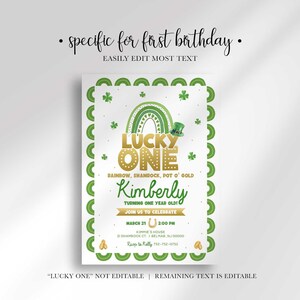 Editability-disclaimer graphic titled Specific For First Birthday, Easily Edit Most Text, showing the Lucky One invitation with the name Kimberly, noting Lucky One text is not editable but remaining text is editable.