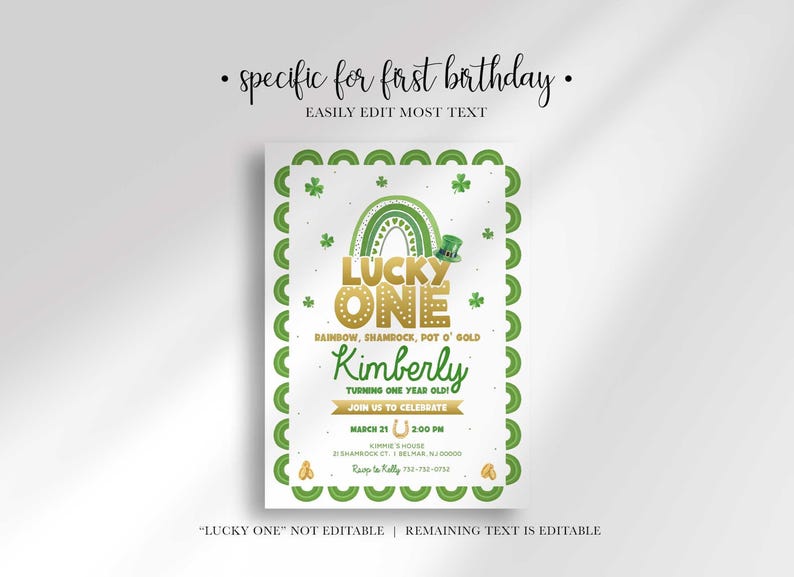 Editability-disclaimer graphic titled Specific For First Birthday, Easily Edit Most Text, showing the Lucky One invitation with the name Kimberly, noting Lucky One text is not editable but remaining text is editable.