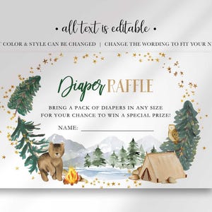 Graphic reading all text is editable, font color and style can be changed, and wording can be adjusted to fit your needs, shown above the Diaper Raffle card.