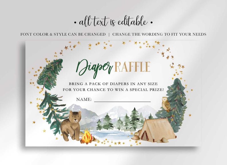 Graphic reading all text is editable, font color and style can be changed, and wording can be adjusted to fit your needs, shown above the Diaper Raffle card.